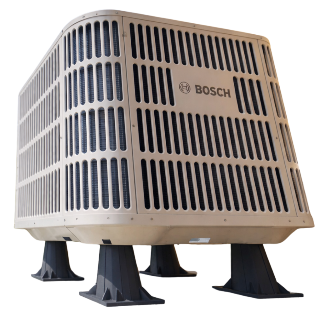 A beige Bosch air conditioning unit with black vents, elevated on four black supports, shown against a white background.